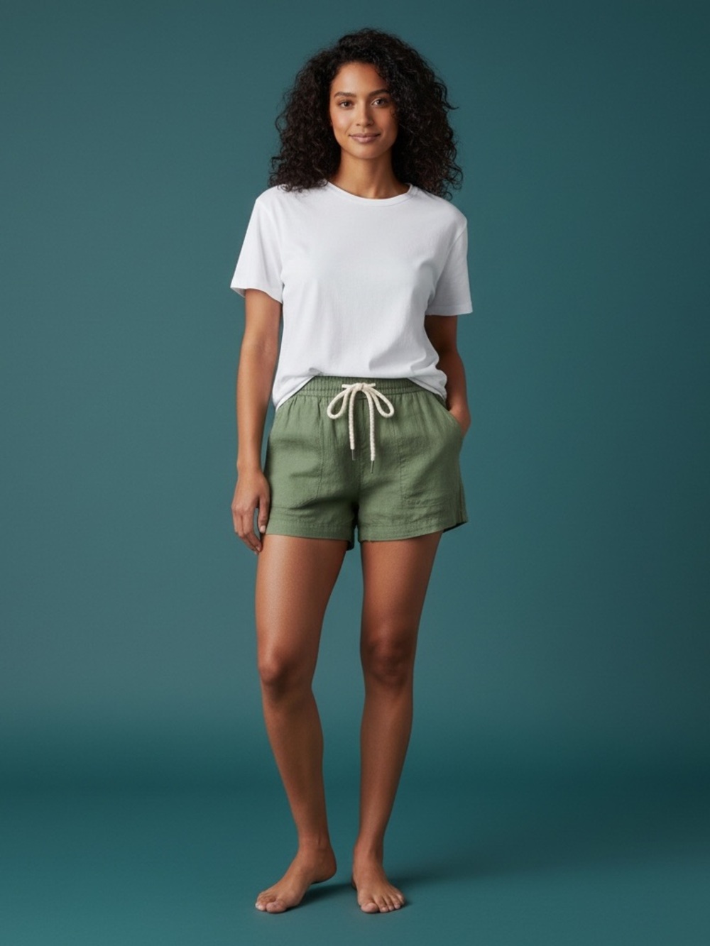 Women's Olive Drawstring Linen-Blend Shorts